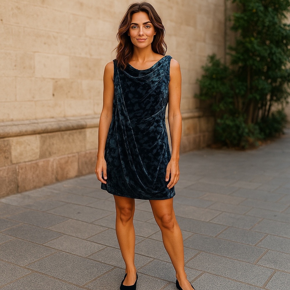 Nine West Velvet Designer Moonlight Sleeveless Blue Cocktail Bubble Dress